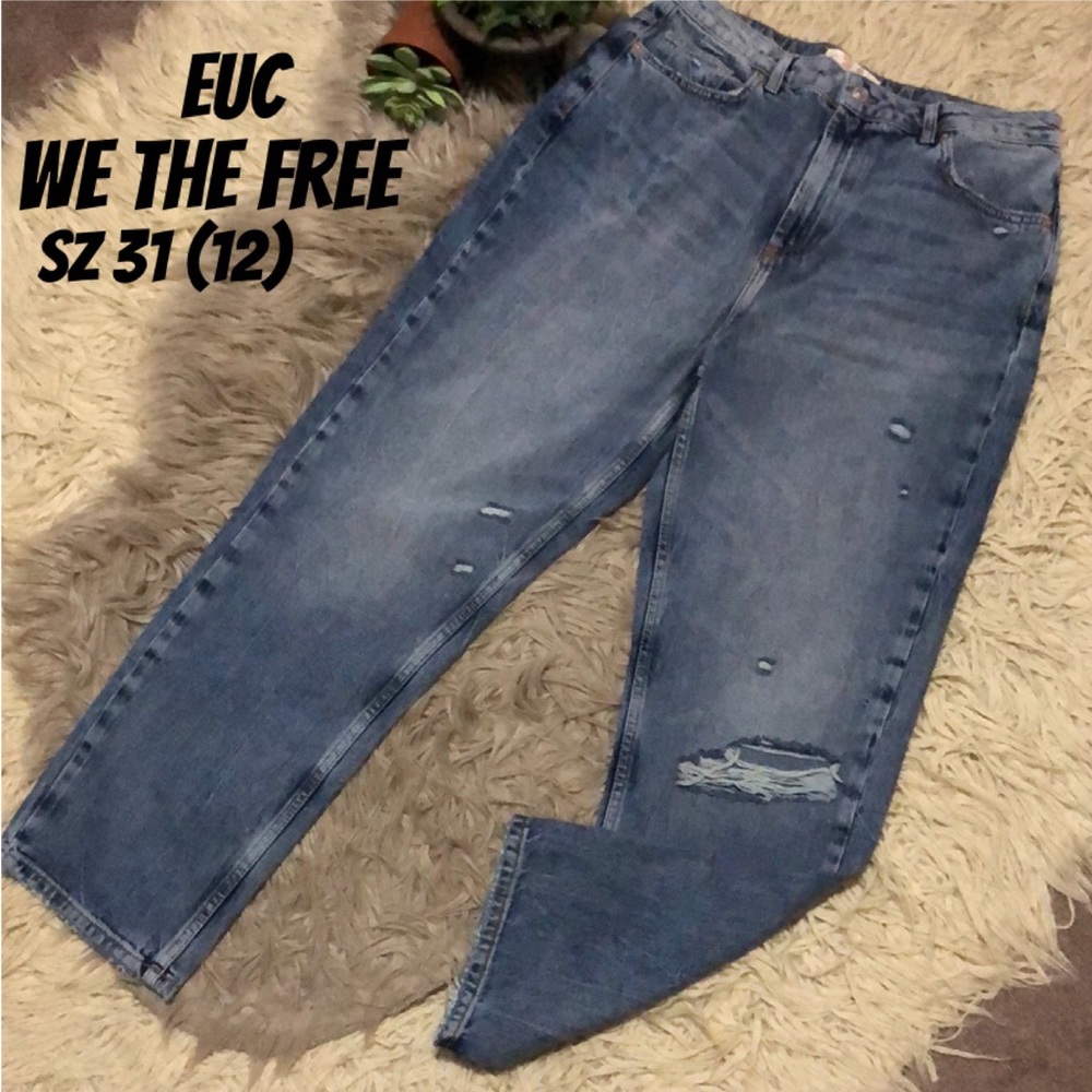 We the Free Jeans-Sz 31 (12)-Cotton-Distressed-Higher Rise-Wider Relaxed Leg-EUC